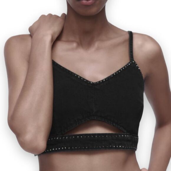 Zara Black Denim Cut Out Crop Top With Rhinestones Ruched Back  US XS - Picture 5 of 11